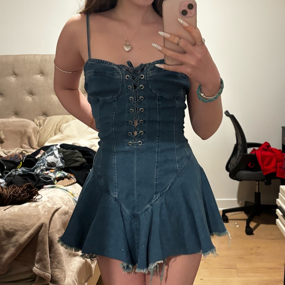 Denim Lace-Up Fit & Flare Blue Mini Dress with Bodysuit